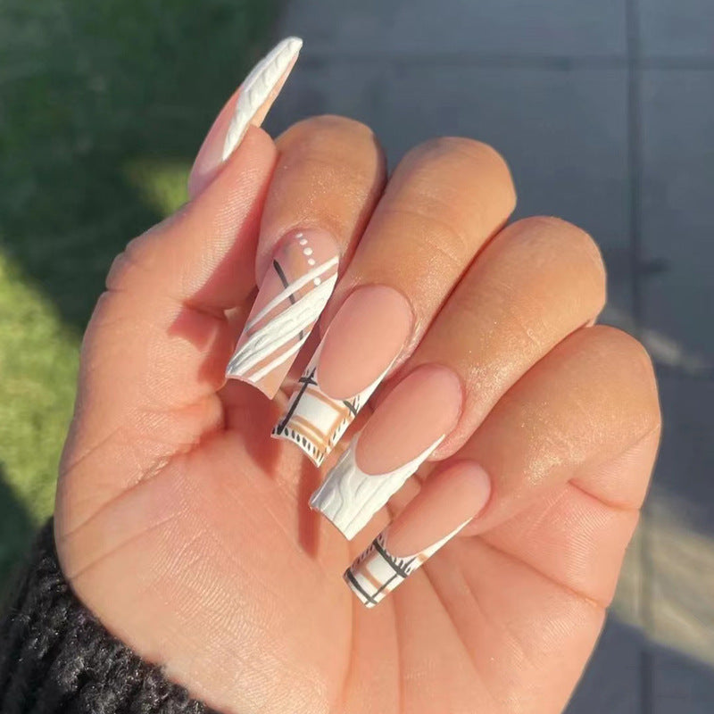 Chic Minimalist Extra Long Coffin Press On Nail Set Soft Beige and Elegant White Marble Design with Geometric Patterns