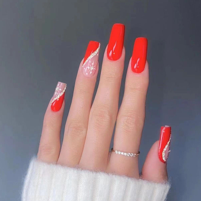 Festive Glamour Long Square Red and Pink Press On Nail Set with Sparkling Accent Design