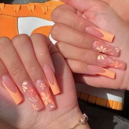 Sunny Blossom Long Square Orange Floral Press On Nail Set