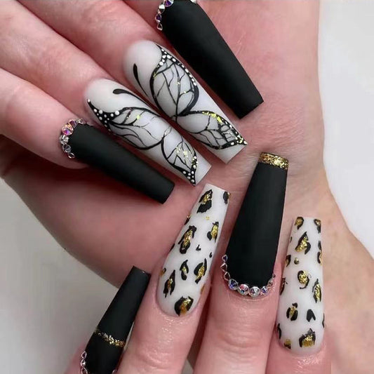 Glamorous Safari Long Coffin Black and White Leopard Print Press On Nail Set with Rhinestone Accents