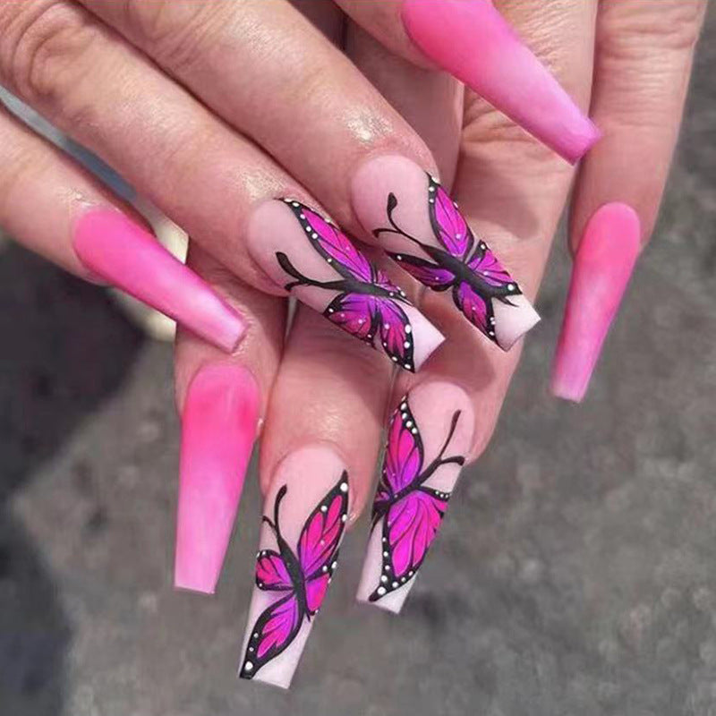 Butterfly Dreams Long Coffin Pink Ombre Press On Nail Set with Floral Art Design