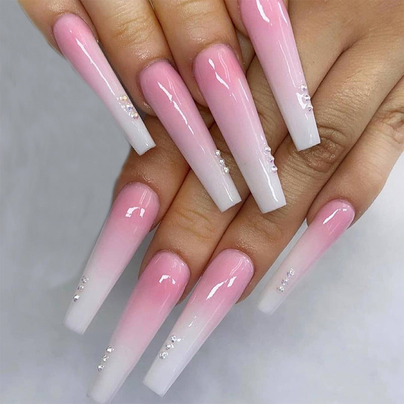 Enchanted Ombre Extravaganza Long Coffin Pink to White Gradient Press On Nail Set with Sparkling Accents