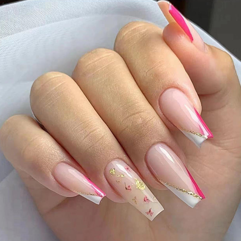Floral Fantasy Long Coffin Press On Nail Set Pink and White with Metallic Gold Accents and Floral Designs