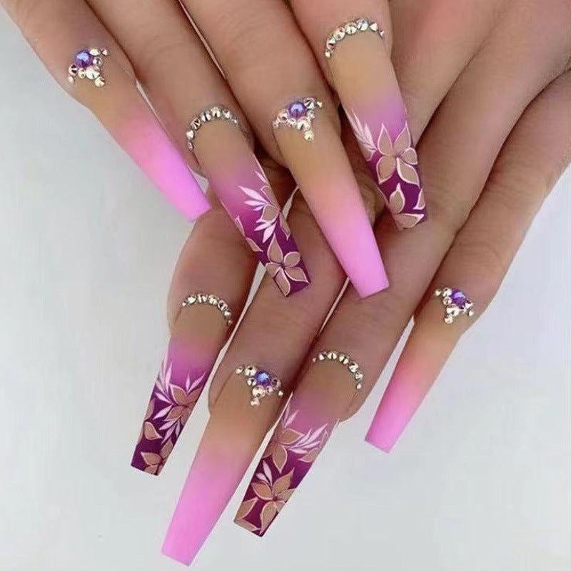 Blossom Dream Long Coffin Ombre Pink and Purple Press On Nail Set with Floral Design and Rhinestone Accents
