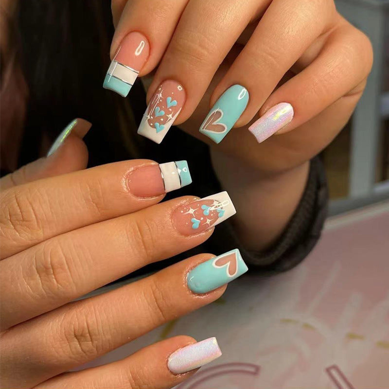 Sweetheart Dream Long Square Aqua and White Press On Nail Set with Heart and Glitter Accents