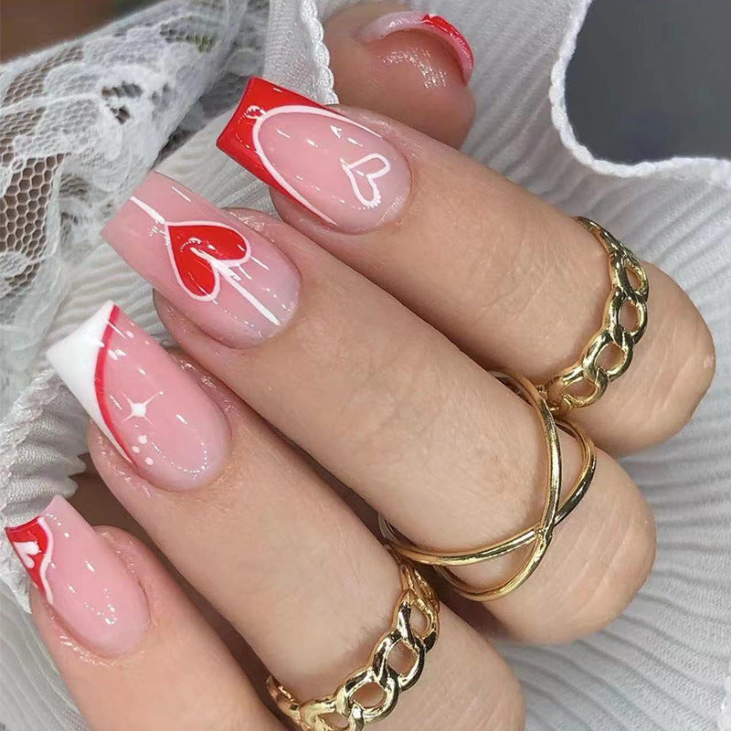 Romantic Heart Design Long Square Red and Pink Press On Nail Set with Glossy Finish