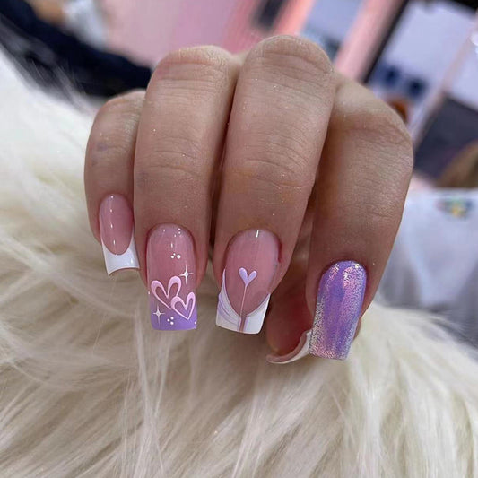 Romantic Hearts Long Square Pink and White Press On Nail Set with Dazzling Ombre Finish