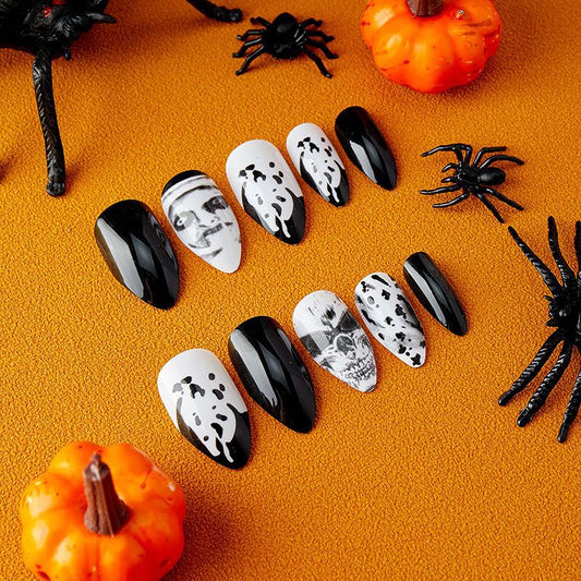 Spooky Elegance Medium Almond Black and White Press On Nail Set with Halloween Portrait Accents