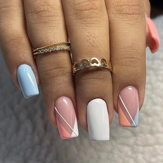 Whimsical Pastel Square Press On Nail Set Long Tri-Color with Unique Geometric Design