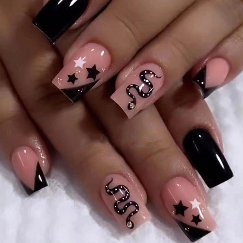 Glamorous Snake Charm Long Square Press On Nail Set in Black and Beige with Star and Snake Designs