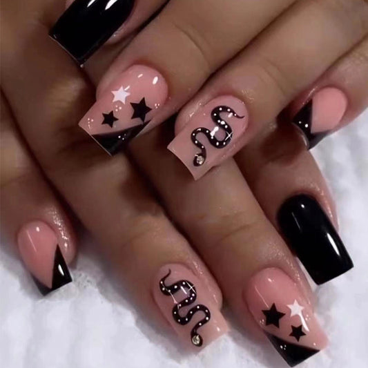 Glamorous Snake Charm Long Square Press On Nail Set in Black and Beige with Star and Snake Designs