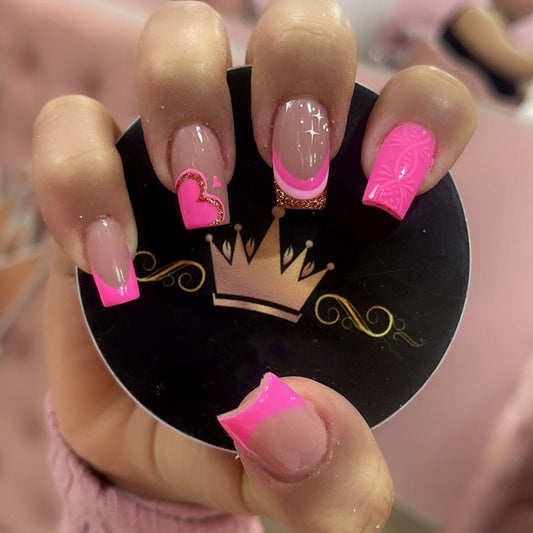 Royal Glamour Long Square Pink Press On Nail Set with Heart and Glitter Accents