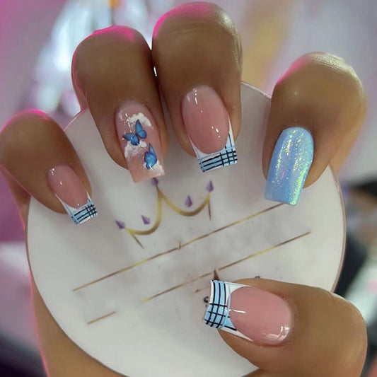 Whimsical Butterfly Dreams Long Square Pink and Blue Press On Nail Set with Sparkling Accent and Musical Note Design