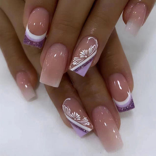 Enchanted Floral Beauty Long Square Ombre Pink White and Lavender Press On Nail Set with Elegant Design