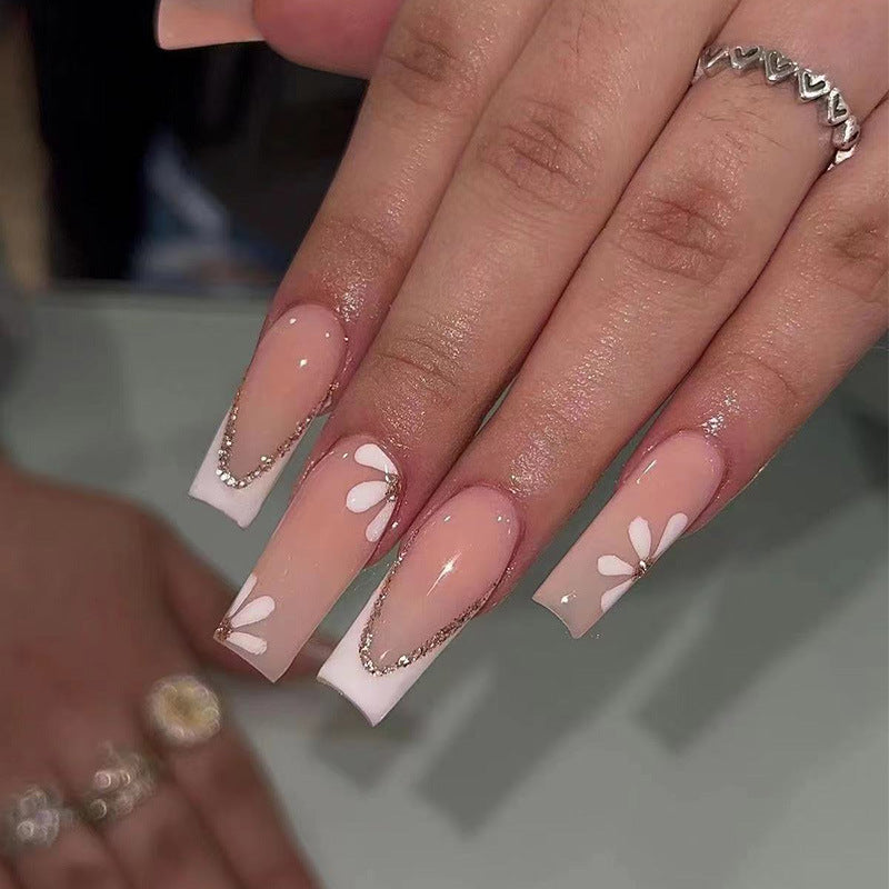 Floral Fantasy Long Coffin Pink Ombre Press On Nail Set with Daisy Accents and Gold Detailing