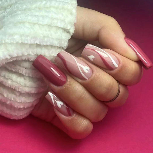 Romantic Sunset Extra Long Square Press On Nail Set in Burgundy with Heart Designs