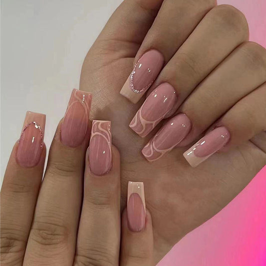 Blushing Rose Glam Square Long Press On Nail Set in Soft Pink with Swirl Design and Glitter Accents