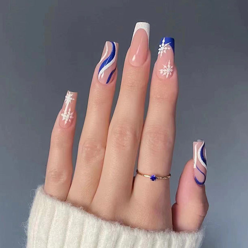 Winter Wonderland Extra Long Coffin Press On Nail Set Blue and White Swirl Design with Snowflake Accents