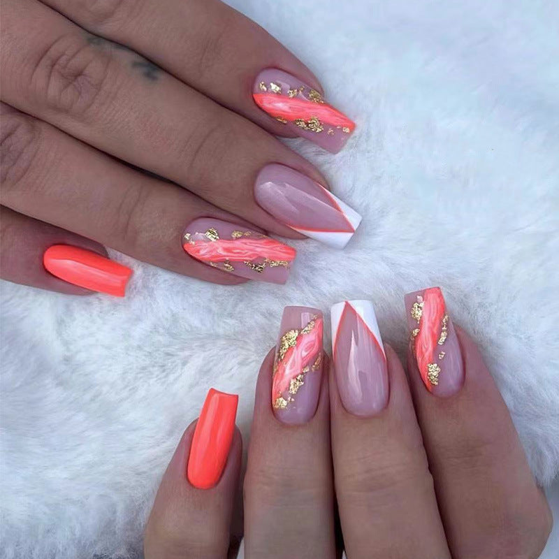 Tropical Vibes Long Coffin Peach and Coral Press On Nail Set with Gold Accents