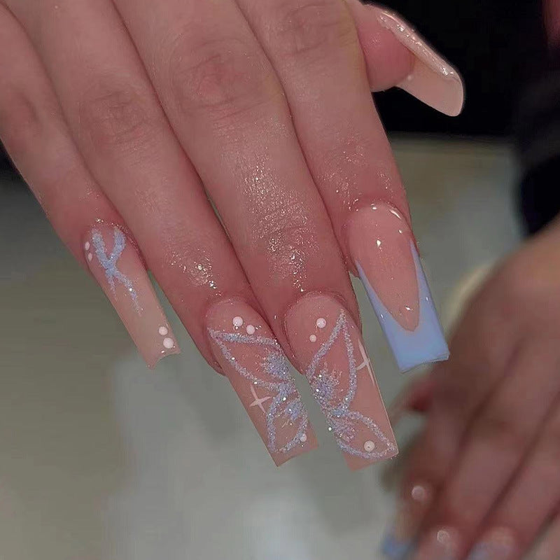 Fairy Tale Glamorous Long Coffin Press On Nail Set in Soft Blue and Beige with Sparkling Butterfly Design