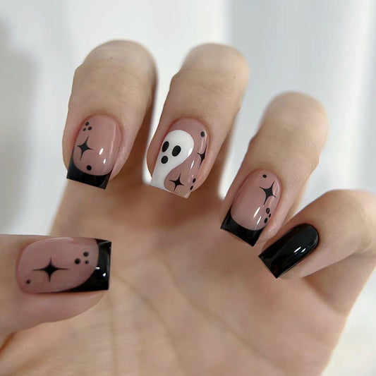 Spooky Chic Medium Square Pink and Black Press On Nail Set with Ghost and Stars Design