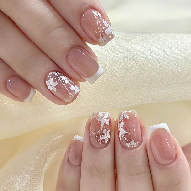 Floral Elegance Medium Square Transparent Beige Press On Nail Set with White Flower Design