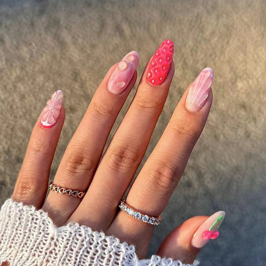 Whimsical Garden Long Almond Pink Press On Nail Set with Textured Details and Floral Accents