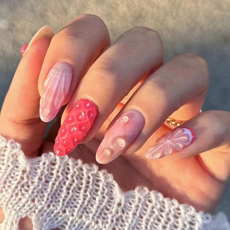 Berry Delight Long Almond Shaped Glossy Pink and Red Press On Nail Set with 3D Strawberry and Floral Designs