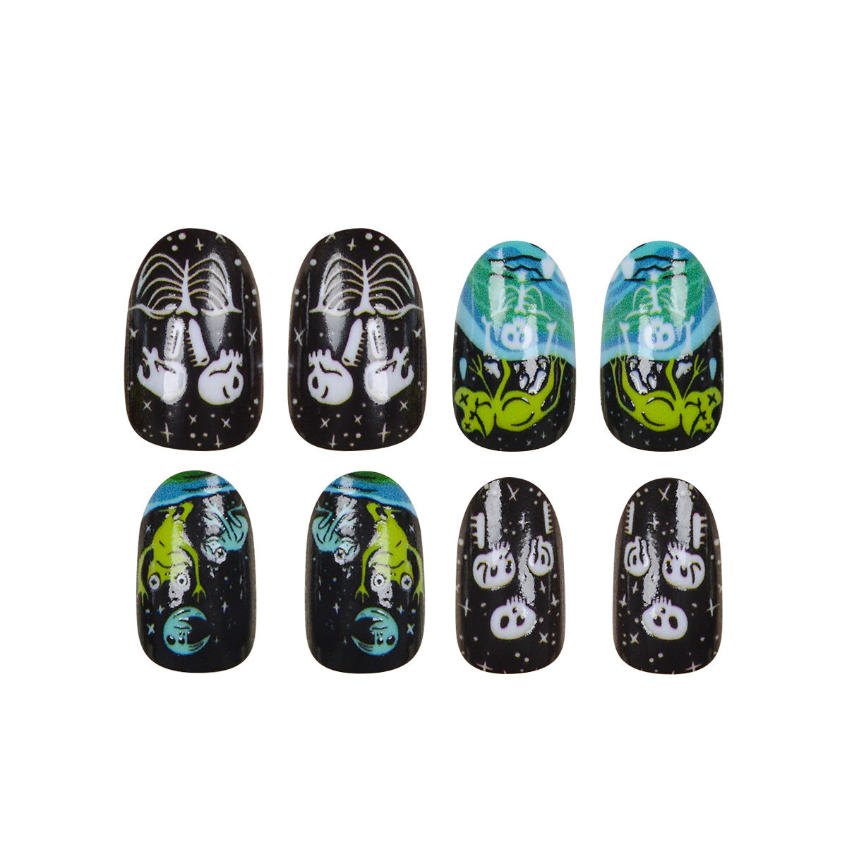Enchanted Evening Short Oval Black Press On Nails with Glow-in-the-Dark Halloween Designs
