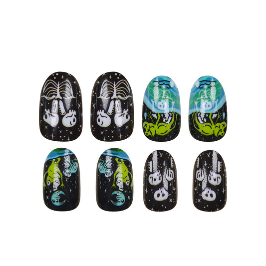 Enchanted Evening Short Oval Black Press On Nails with Glow-in-the-Dark Halloween Designs