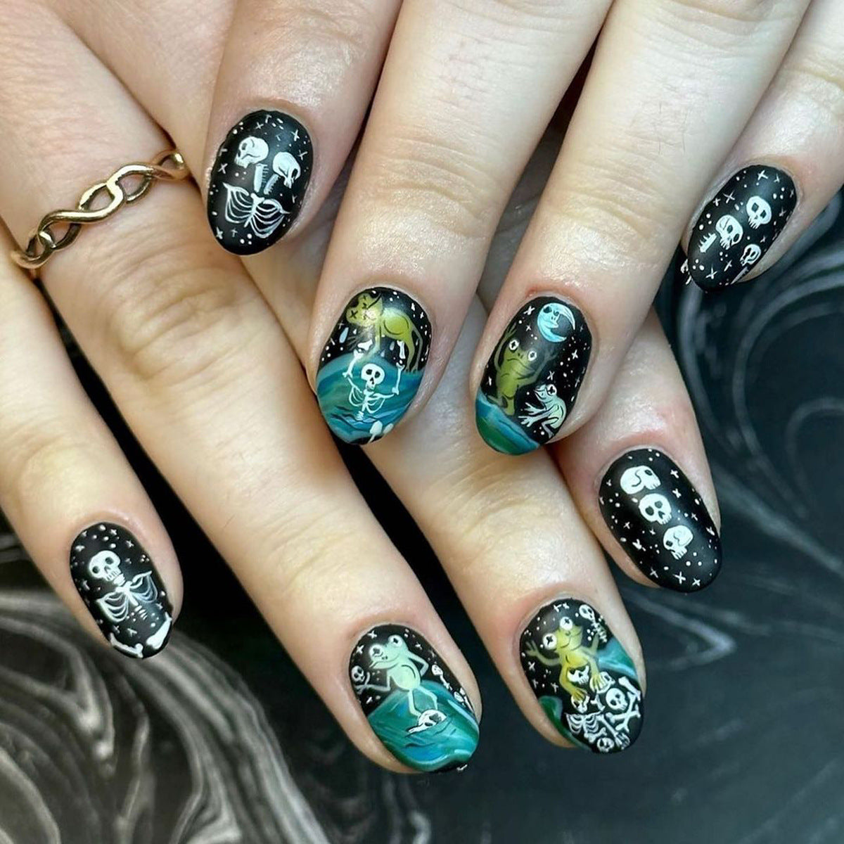 Mystical Ocean Adventure Short Oval Black Press On Nail Set with Glow-in-the-Dark Accents