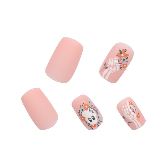 Bohemian Flair Long Square Peach Press On Nail Set with Floral Accents