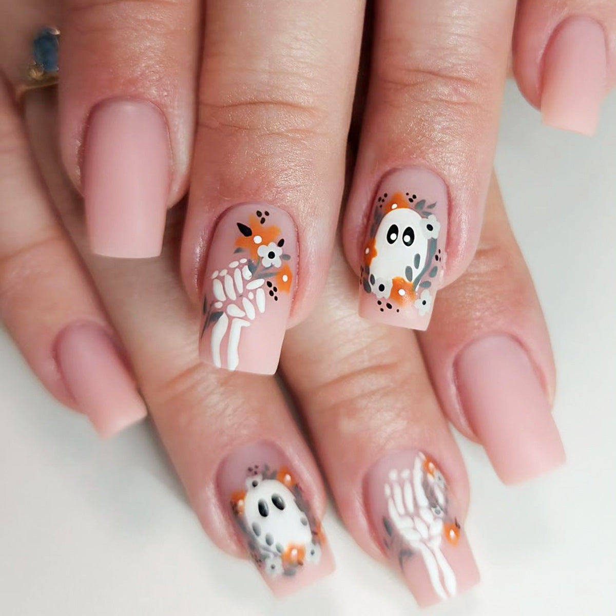 Spooky Elegance Long-Length Square Pink Press On Nail Set with Ghost and Skeleton Accents