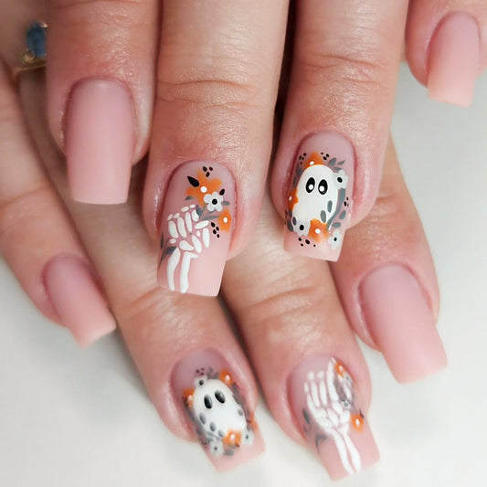 Spooky Elegance Long-Length Square Pink Press On Nail Set with Ghost and Skeleton Accents