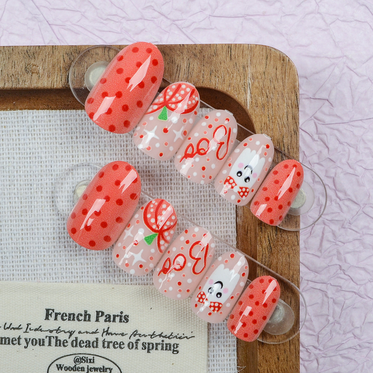 Whimsical Cherry Medium Oval Bright Red With Fun Bunny Design Press On Nail Set