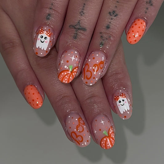 Spooky Delight Medium Oval Orange with Cute Ghost and Pumpkin Design