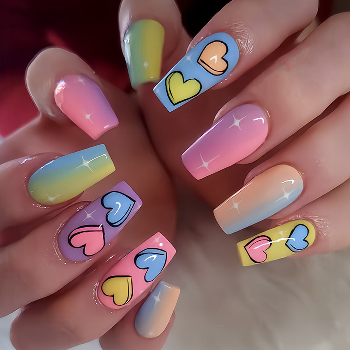 Whimsical Love Themed Long Coffin Pastel Gradient Press On Nail Set with Heart Designs