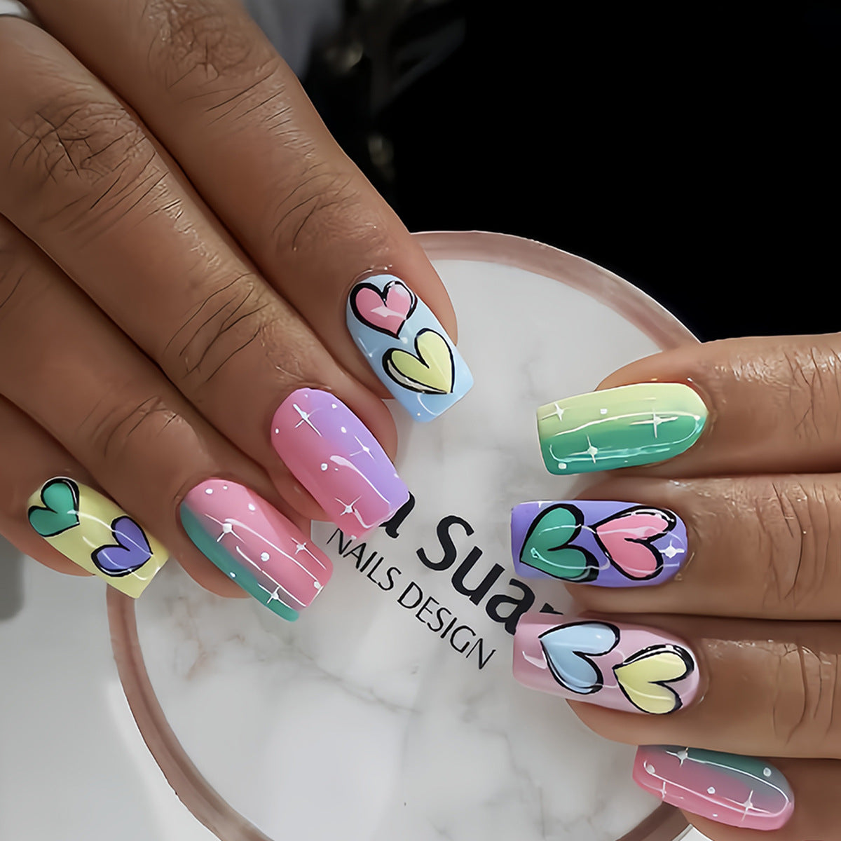 Whimsical Heartbeat Long Coffin Pastel Press On Nail Set with Sparkling Accents