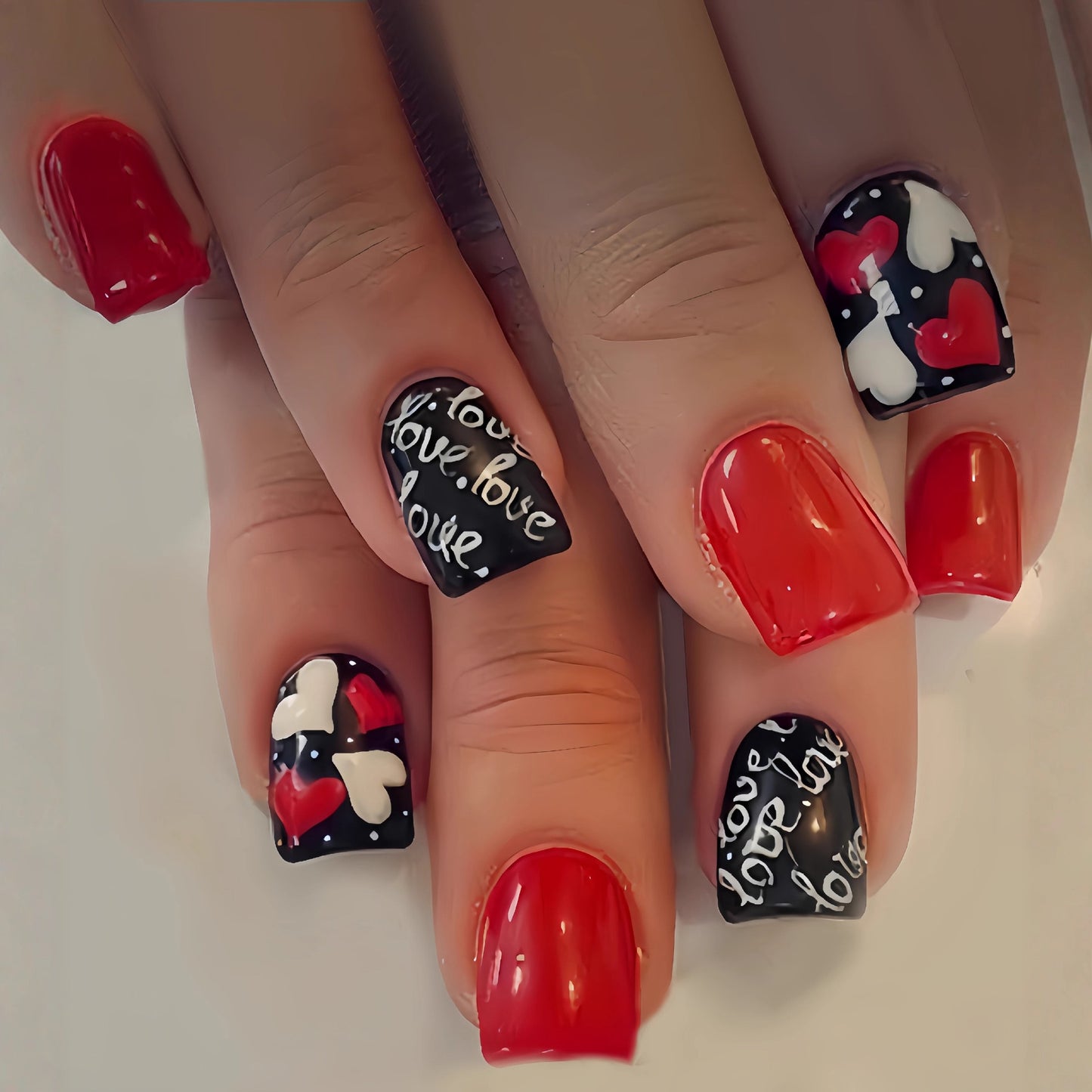 Love Story Glamour Press On Nail Set Short Square Red and Black Featuring Heart and Script Designs