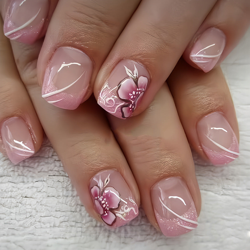 Enchanting Floral Short Square Pink Press On Nail Set with Glitter Accent