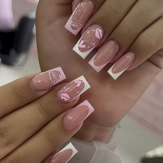Romantic Blush Medium Square Press On Nail Set in Long Length Soft Pink Color with Heart and Line Art Design