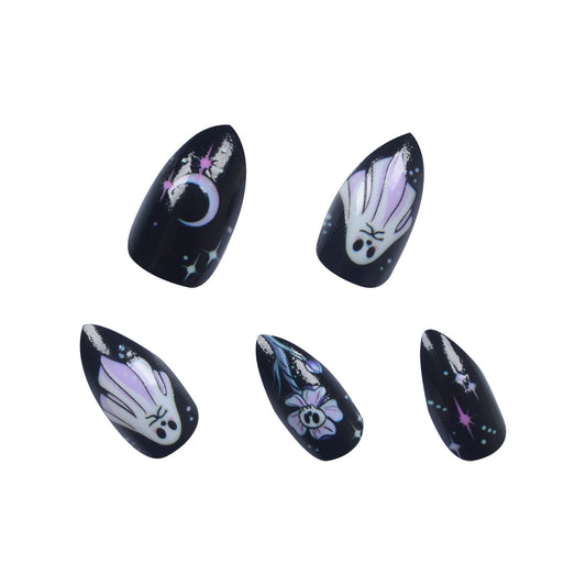 Enchanted Evening Long Almond Black Press On Nails with Celestial Floral Accents