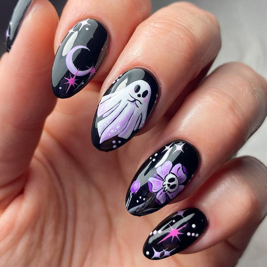 Spooky Elegance Long Almond Black Press On Nails with Ghost and Skull Design