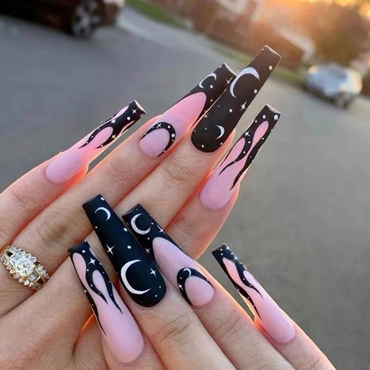 Celestial Dream Long Coffin Press-On Nail Set in Black and Pink with Enchanting Moon and Star Designs