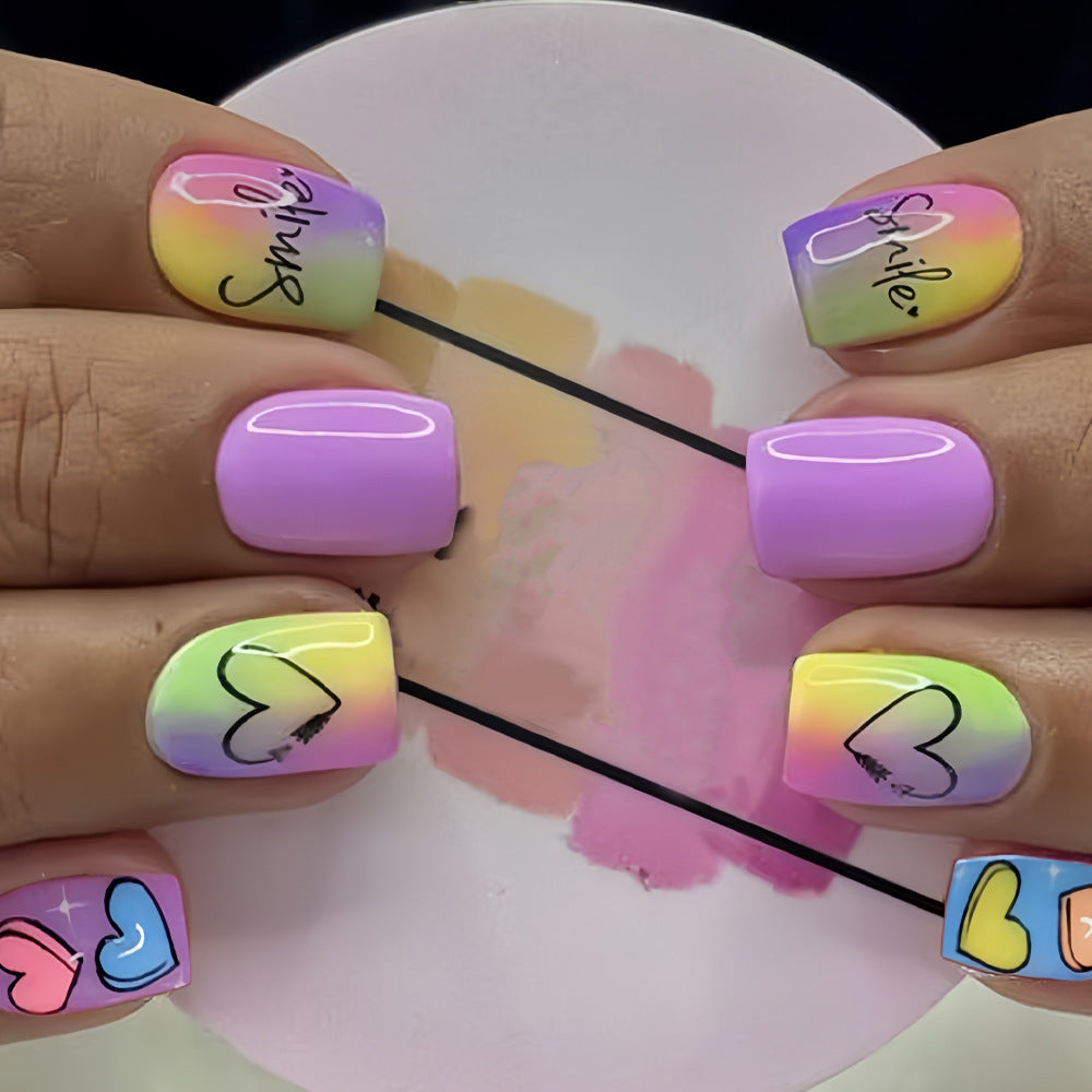 Rainbow Bliss Short Square Colorful Heart Pattern Press On Nail Set