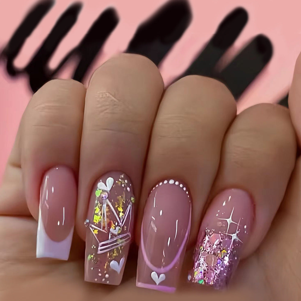 Whimsical Dream Long Square Pink Glitter and Charm Press on Nail Set