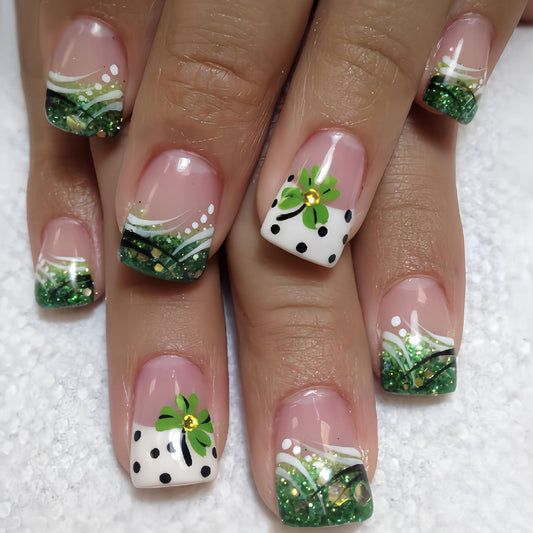 Enchanting Forest Short Square Green Glitter Press On Nail Set with Floral Accents
