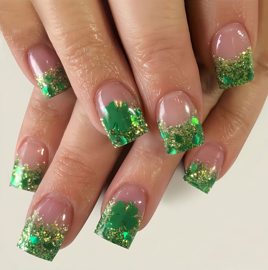 Lucky Emerald Glitter Short Square Press On Nail Set with Shamrock Design and Sparkling Finish