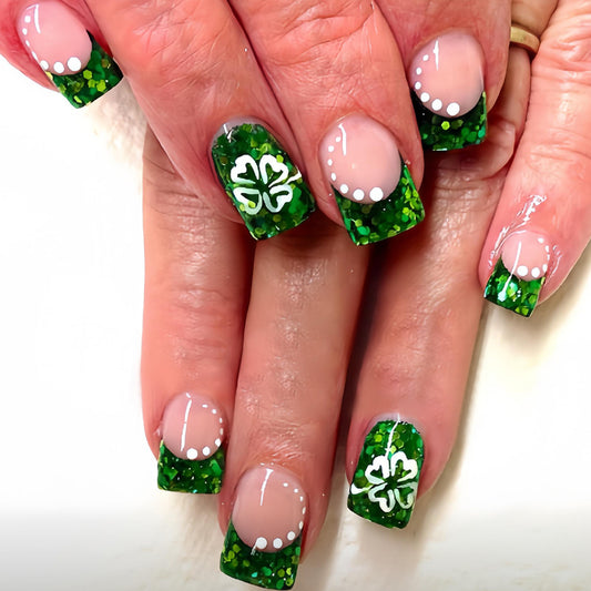 St. Patrick's Day Delight Short Square Green Glittery Press-On Nail Set with Charming White Clover Design