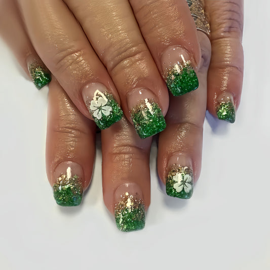 Emerald Enchantment Short Square Green Glitter Gradient Press On Nail Set with Floral Accent